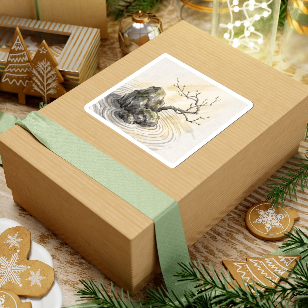 Zen Rock Garden in Golden Hour | Sumi E Sticker Art Print