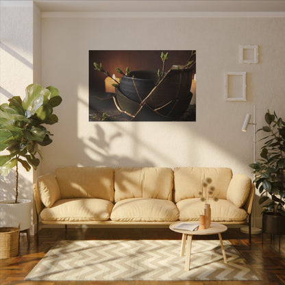Broken Pottery Spring Canvas Art | Dark Japandi Luxurious Design