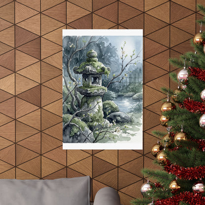 Japandi Stone Lantern in Moonlight | Watercolor Wall Art Print