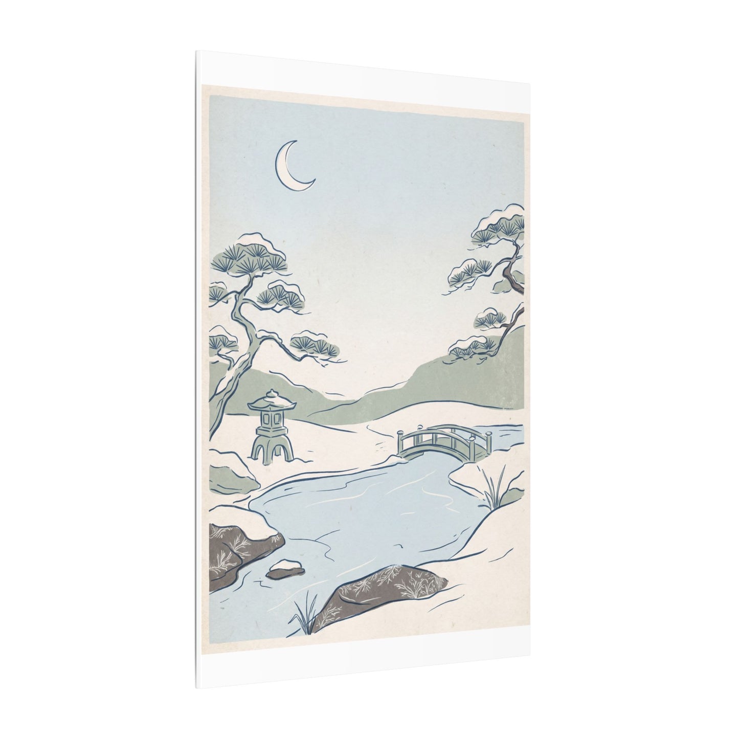 Japandi Moonlit Garden in Moonlight | Minimal Line Canvas Art