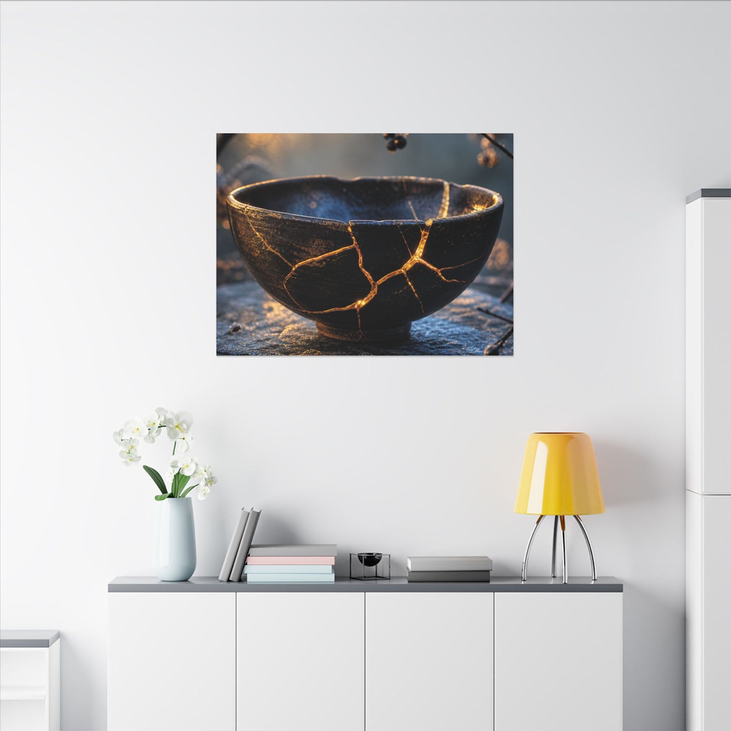 Ceramic Bowl Canvas Art | Winter Kintsugi Gold Repair Art