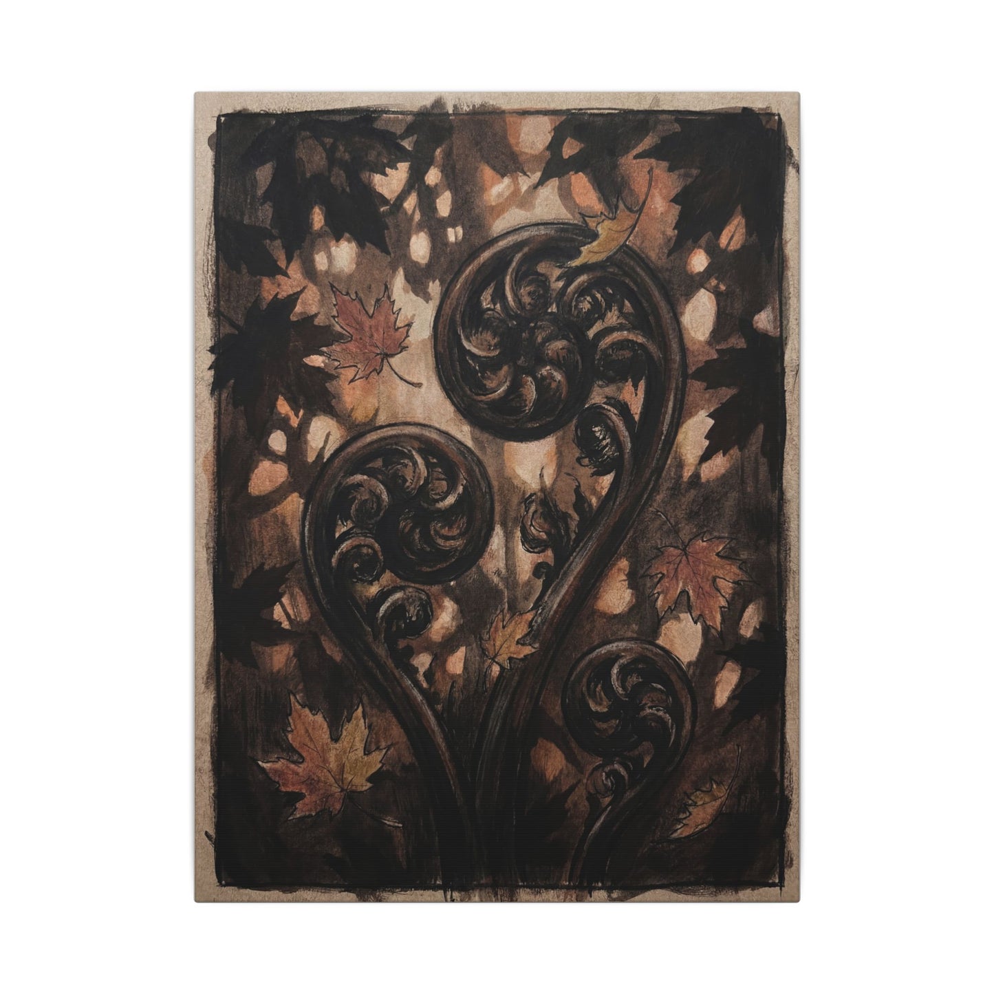 Mono No Aware Fern Unfurling Canvas Art - Dark Japandi Charcoal Ink