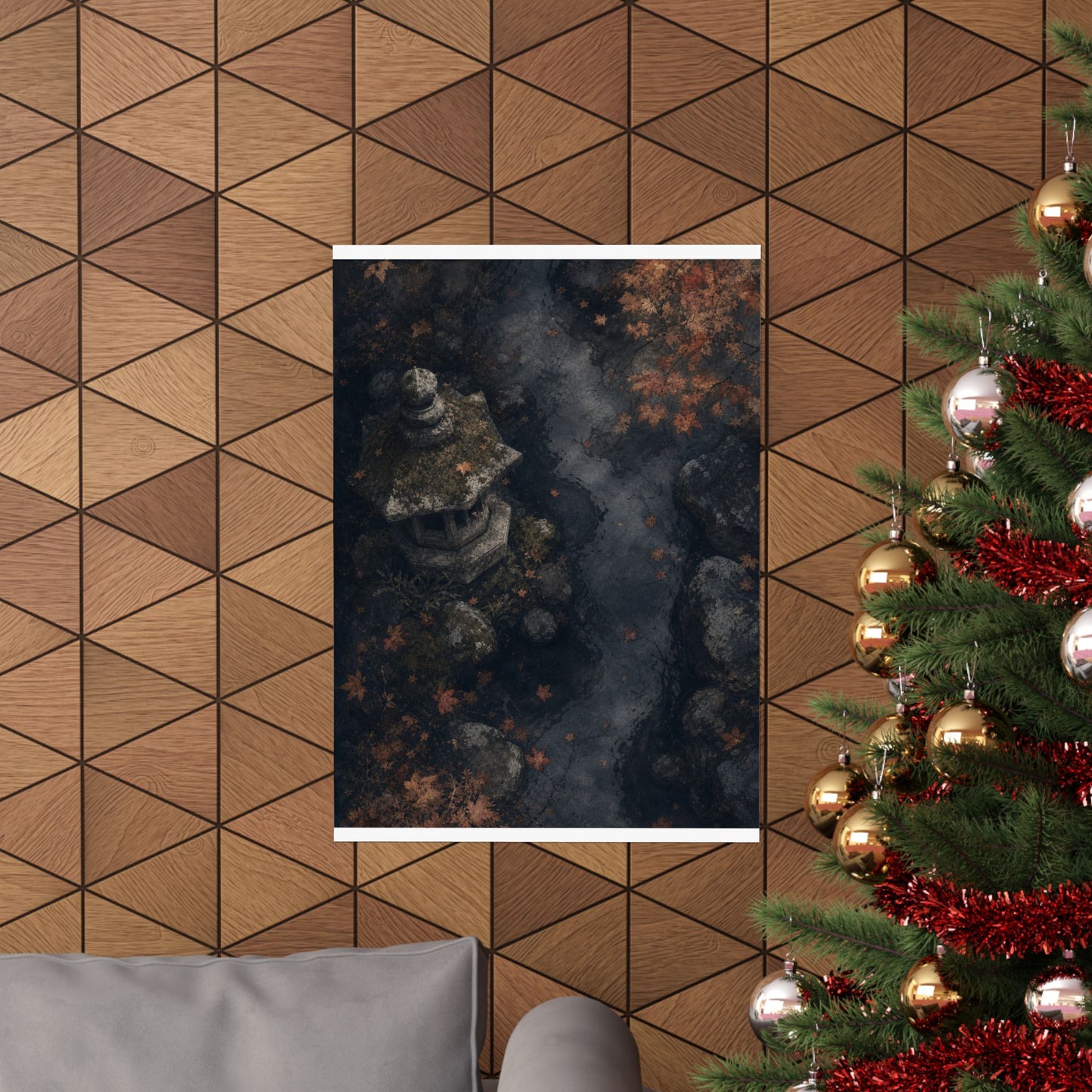Japandi Stone Lantern in Moonlight | Texture Wall Art Print