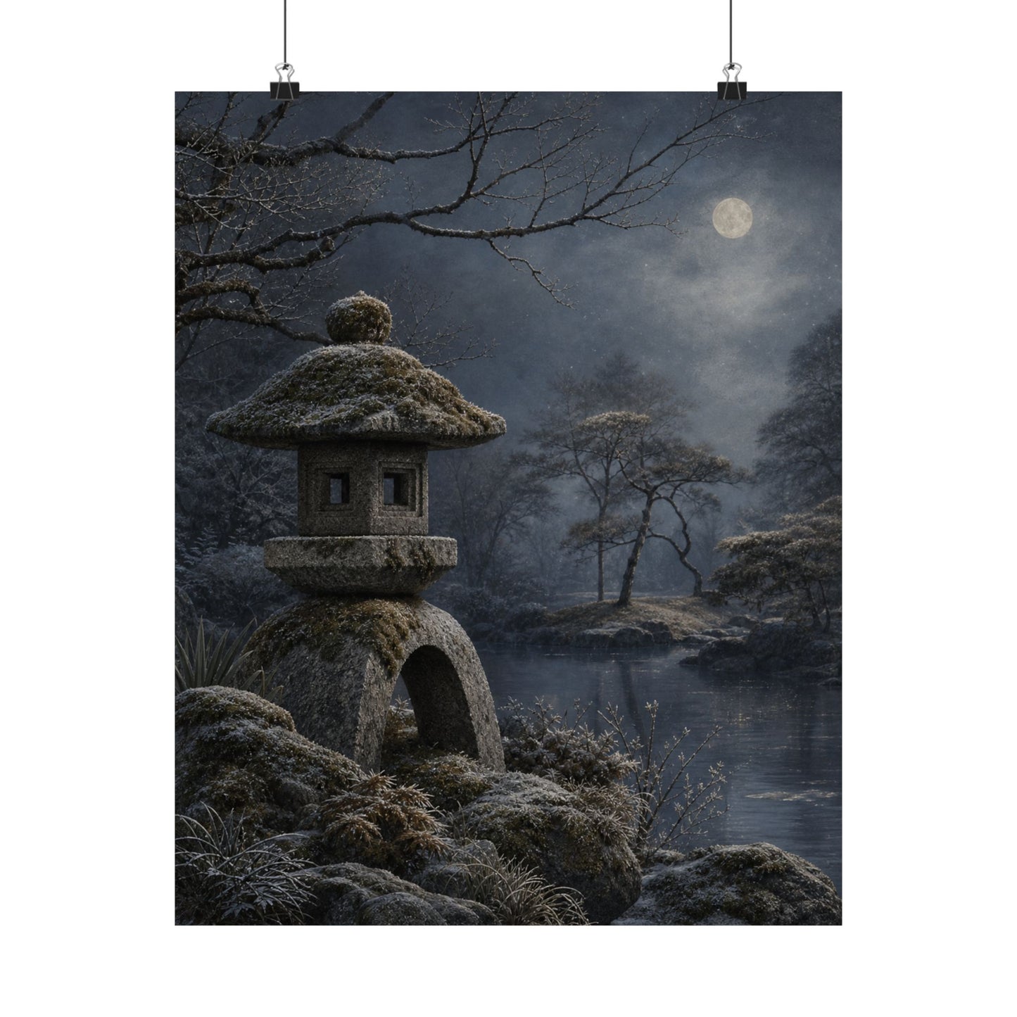 Winter Stone Lantern Japanese Pattern Wall Art Print | Earthy Decor