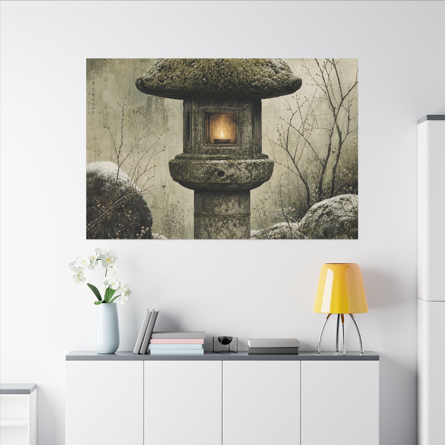Stone Lantern Winter Canvas Art | Japandi Neutral Design