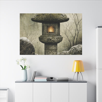 Stone Lantern Winter Canvas Art | Japandi Neutral Design