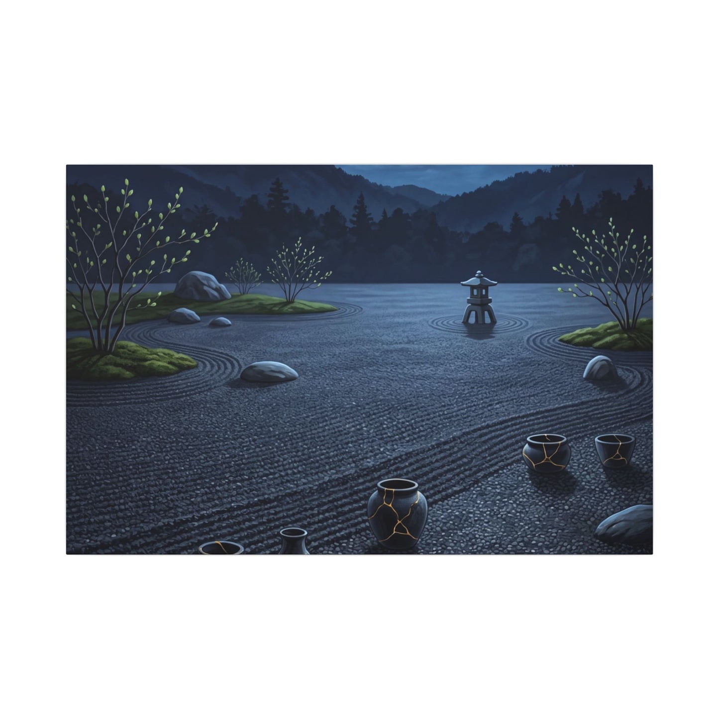 Kintsugi Moonlit Garden in Moonlight | Gold Repair Canvas Art