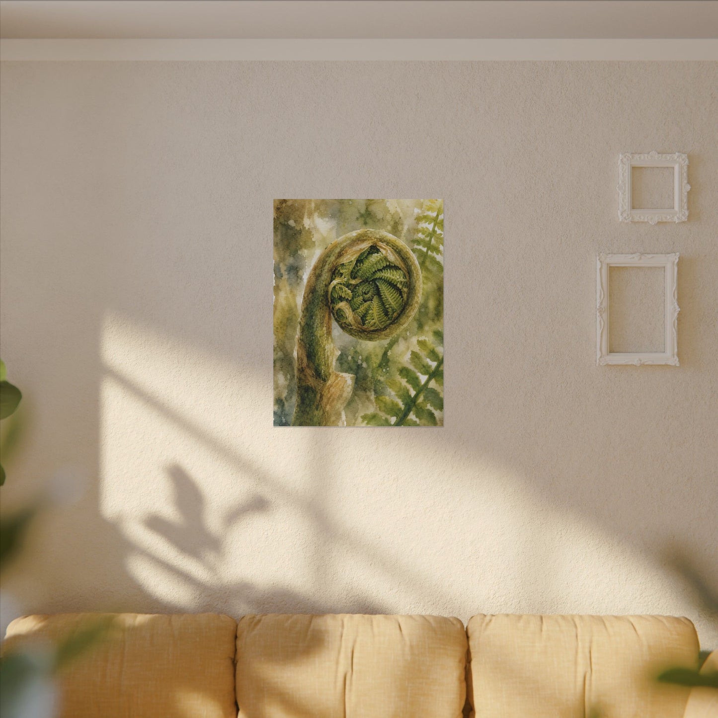 Japandi Fern Unfurling in Dappled | Watercolor Canvas Art