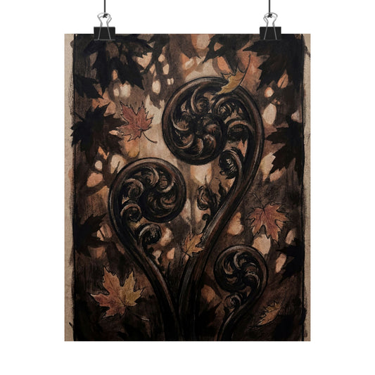 Fern Unfurling Autumn Wall Art Print | Dark Japandi Sophisticated Design Art Print