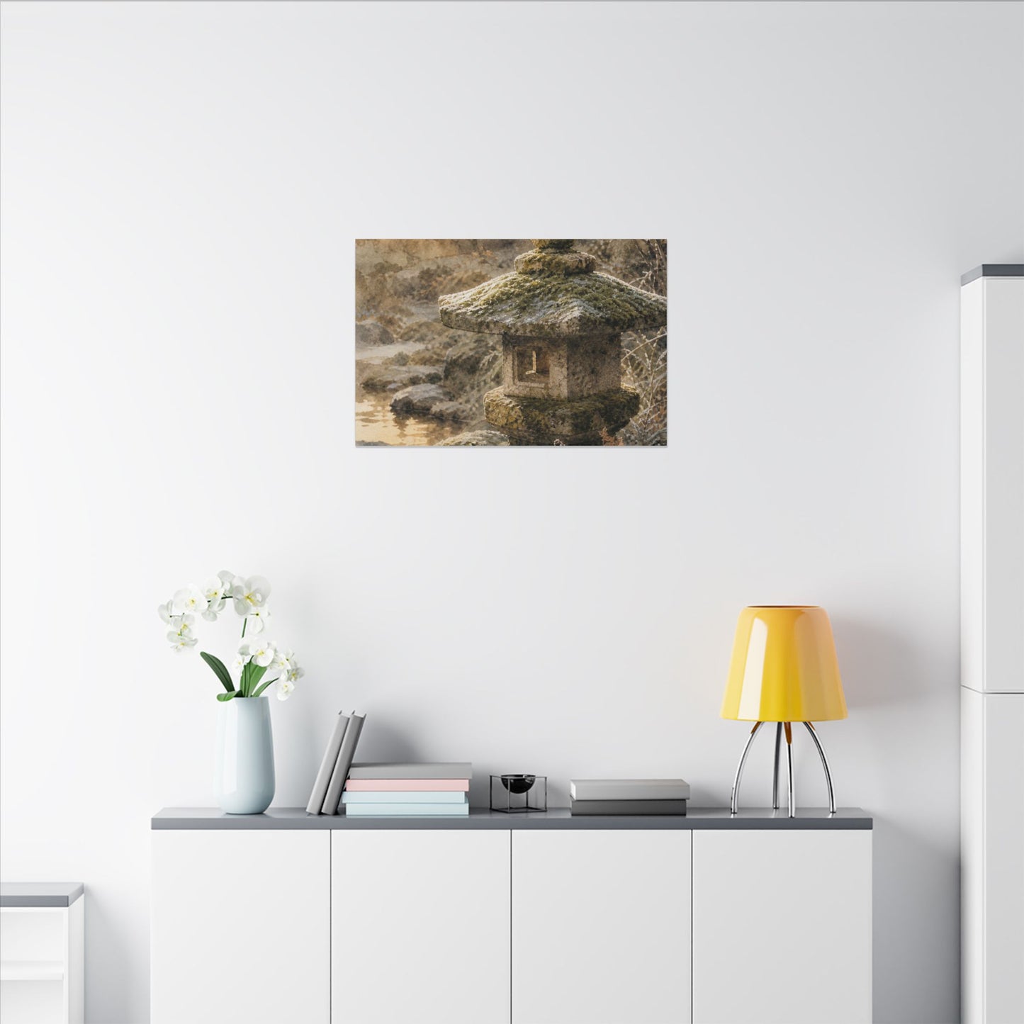 Winter Stone Lantern Watercolor Canvas Art | Earthy Decor