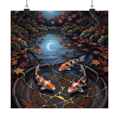 Kintsugi Koi Pond in Moonlight | Gold Repair Wall Art Print