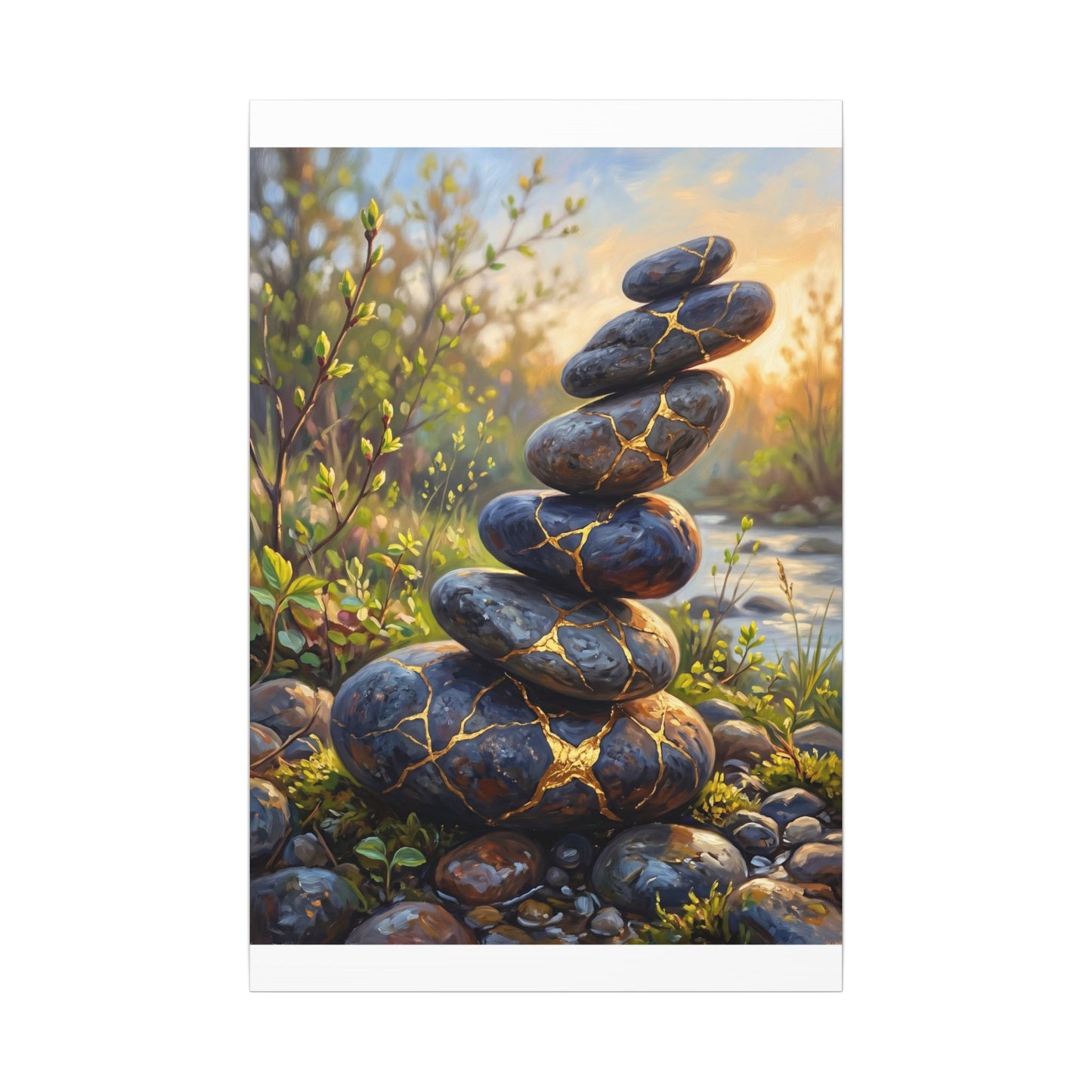 Spring River Stones Gold Repair Canvas Art | Healing Decor