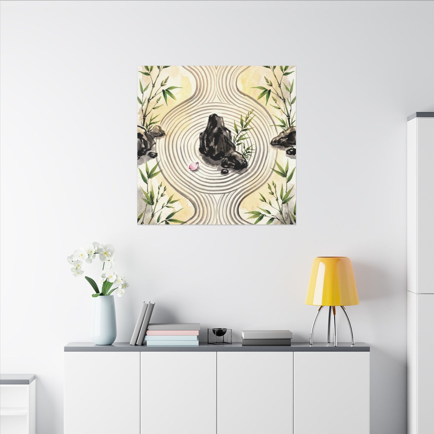 Zen Rock Garden in Golden Hour | Sumi E Canvas Art