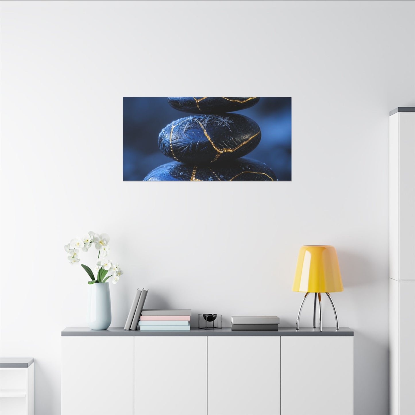 River Stones Canvas Art | Winter Kintsugi Gold Repair Art