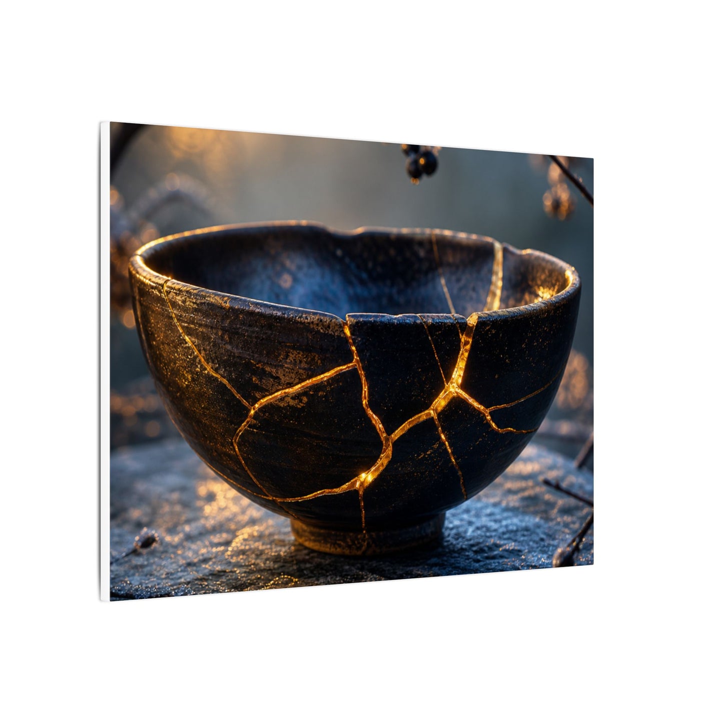 Ceramic Bowl Canvas Art | Winter Kintsugi Gold Repair Art