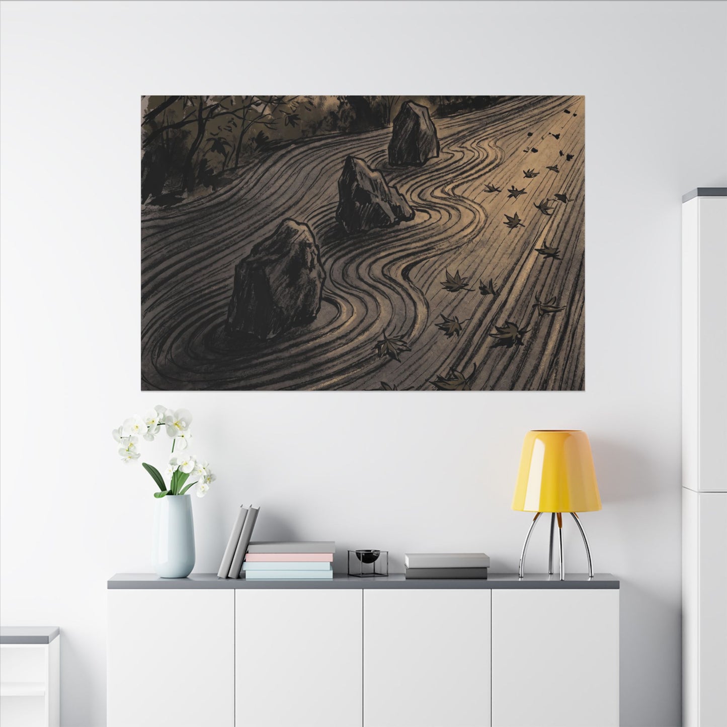 Rock Garden Canvas Art | Autumn Dark Japandi Charcoal Ink Art