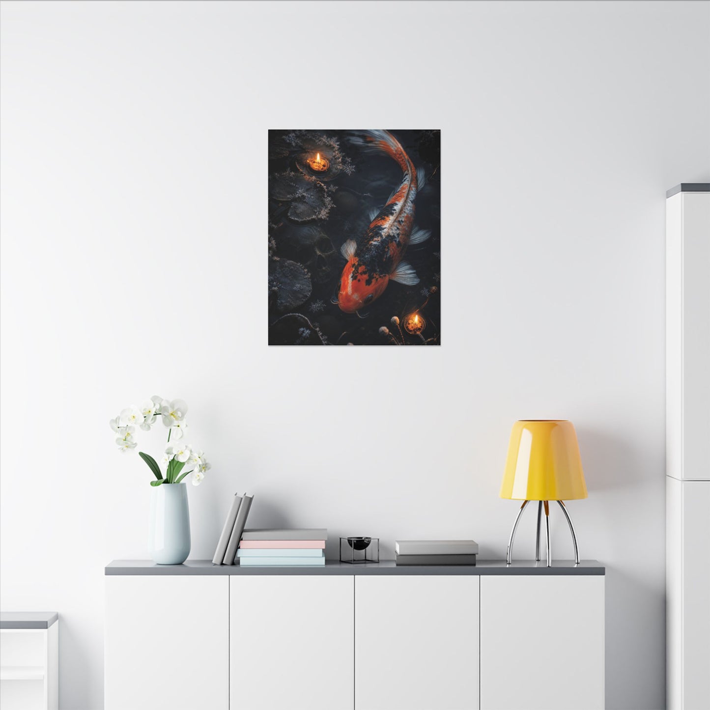 Koi Pond Canvas Art | Winter Dark Japandi Shadow Zen Art