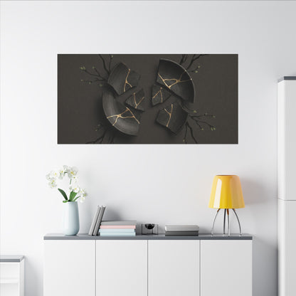 Sophisticated Broken Pottery Canvas Art - Charcoal Ink Dark Japandi