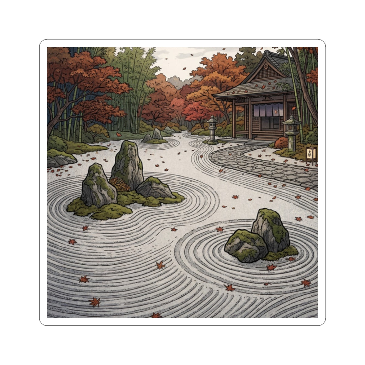 Autumn Rock Garden Ukiyo E Inspired Sticker | Calm Decor Art Print