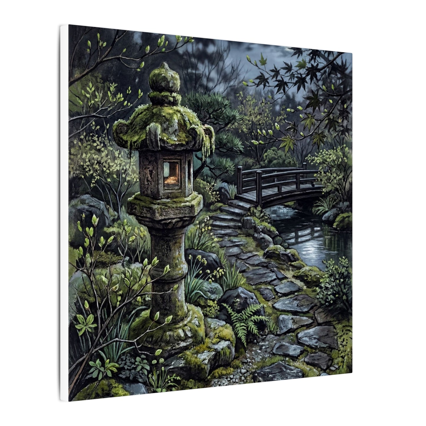 Japandi Stone Lantern in Moonlight | Texture Canvas Art