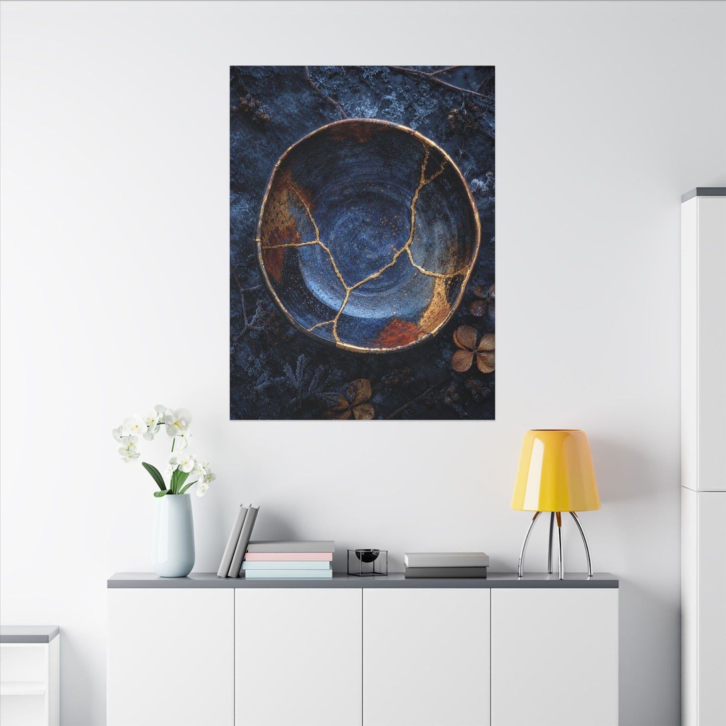Kintsugi Ceramic Bowl in Moonlight | Crackle Gold Canvas Art