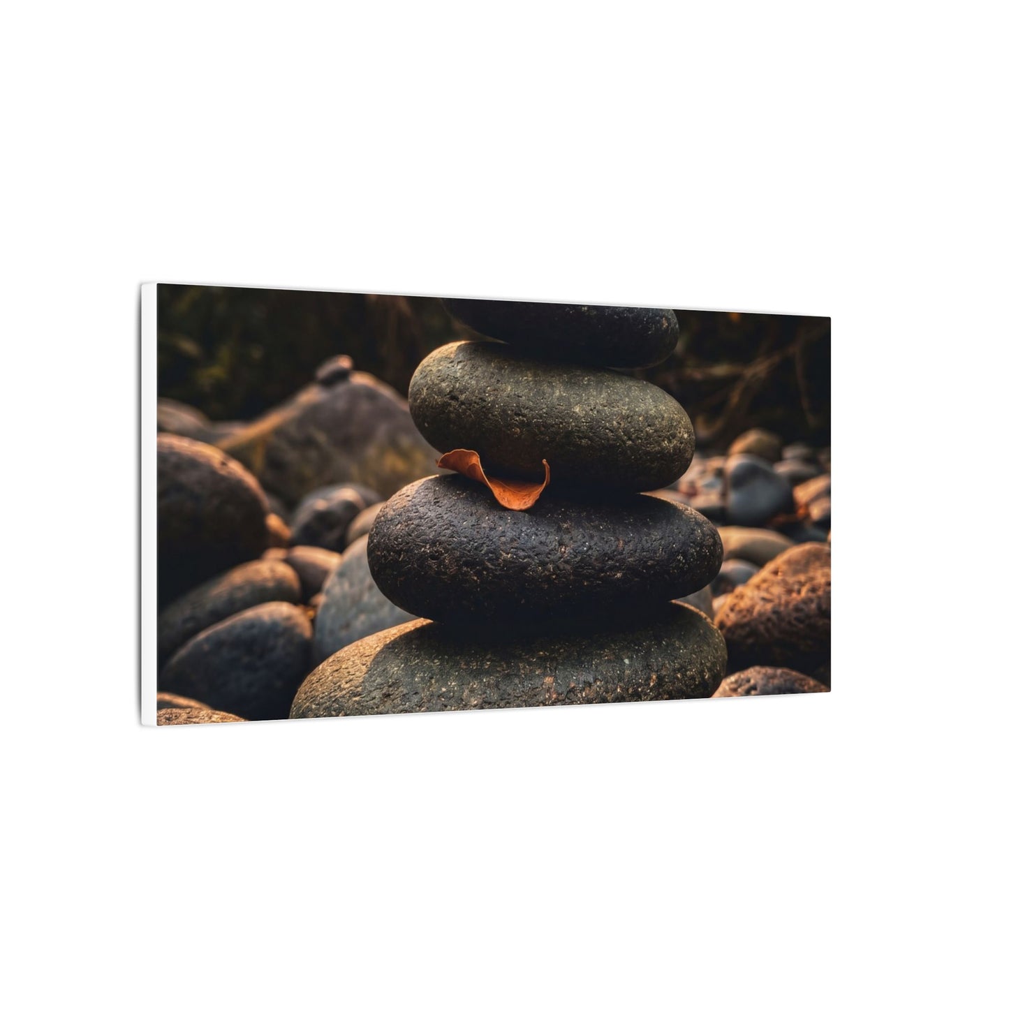 Dark Japandi River Stones in Golden Hour | Moody Minimal Canvas Art
