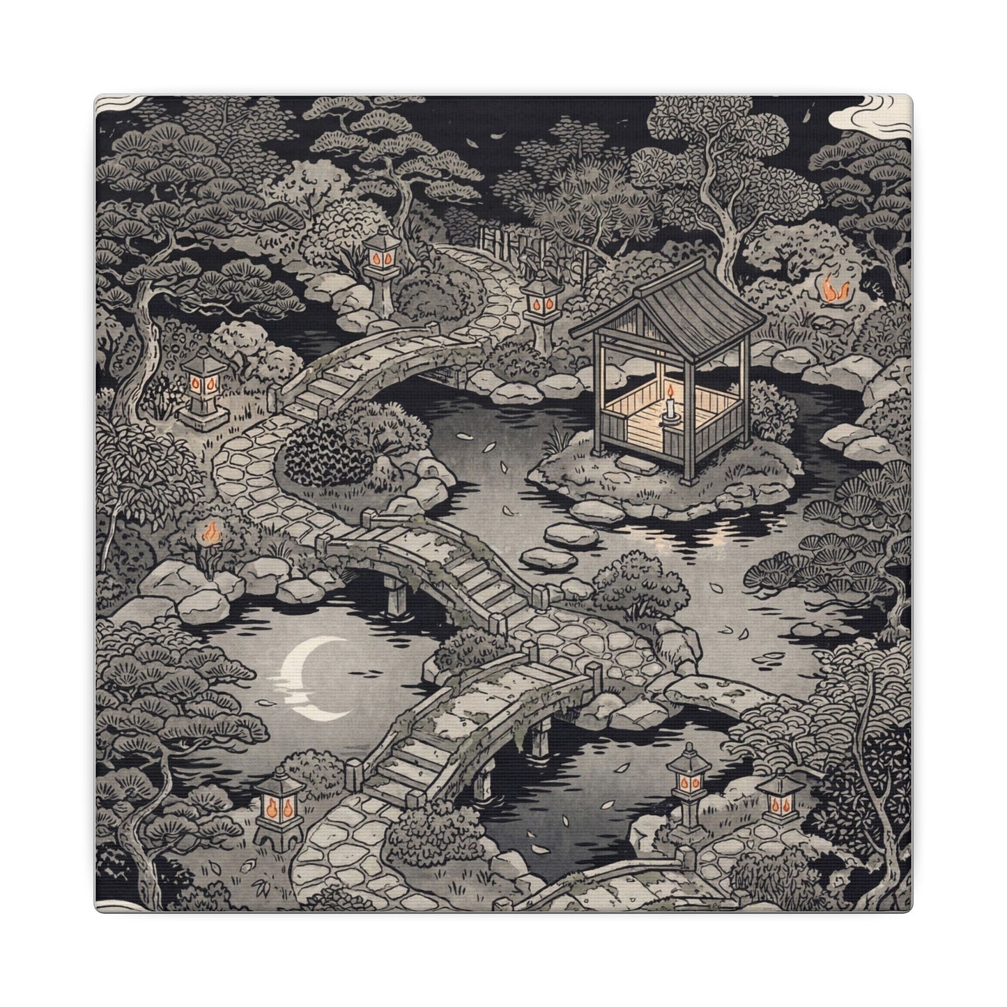 Moonlit Garden Ukiyo E Inspired Canvas Art | Serene Zen Art