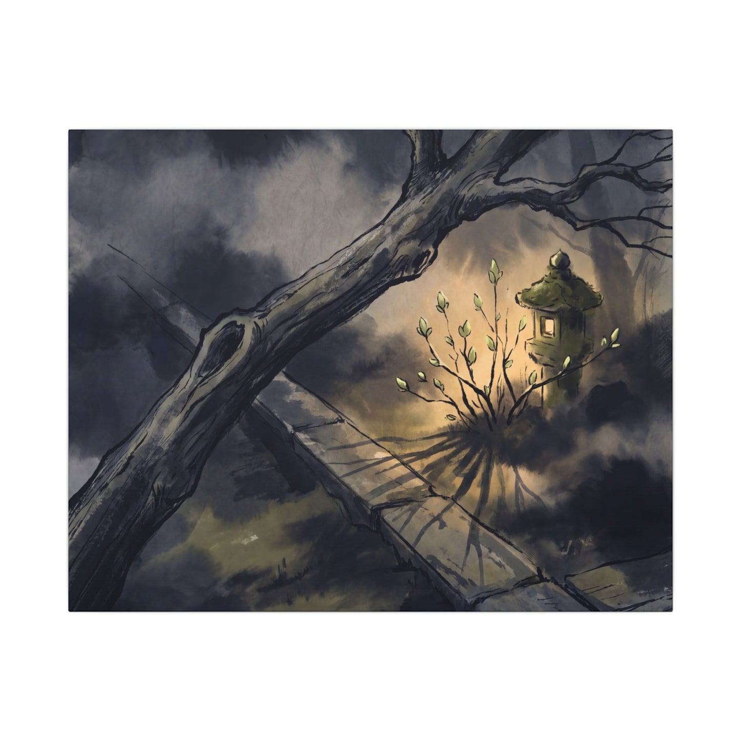 Dark Japandi Moonlit Garden in Golden Hour | Charcoal Ink Canvas Art