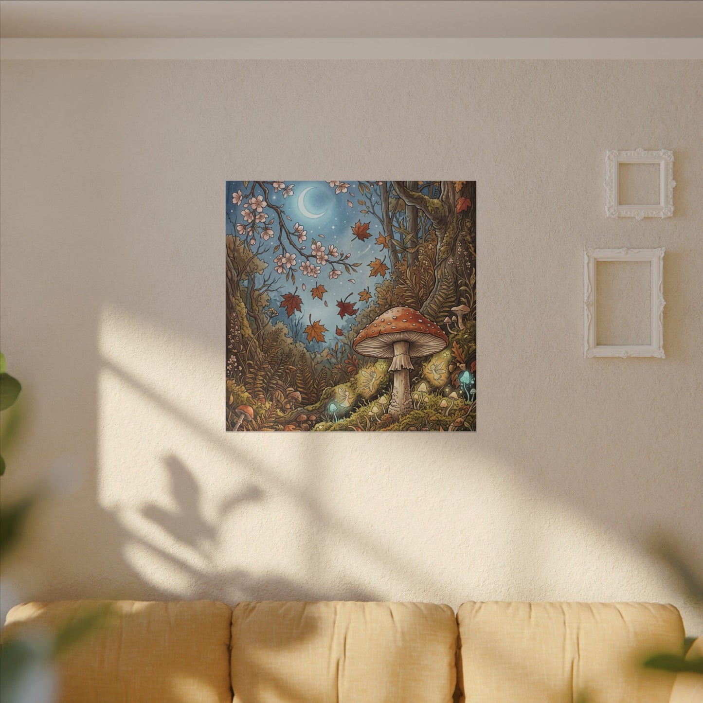 Autumn Cherry Blossom Mushroom Illustration Canvas Art | Enchanting Decor