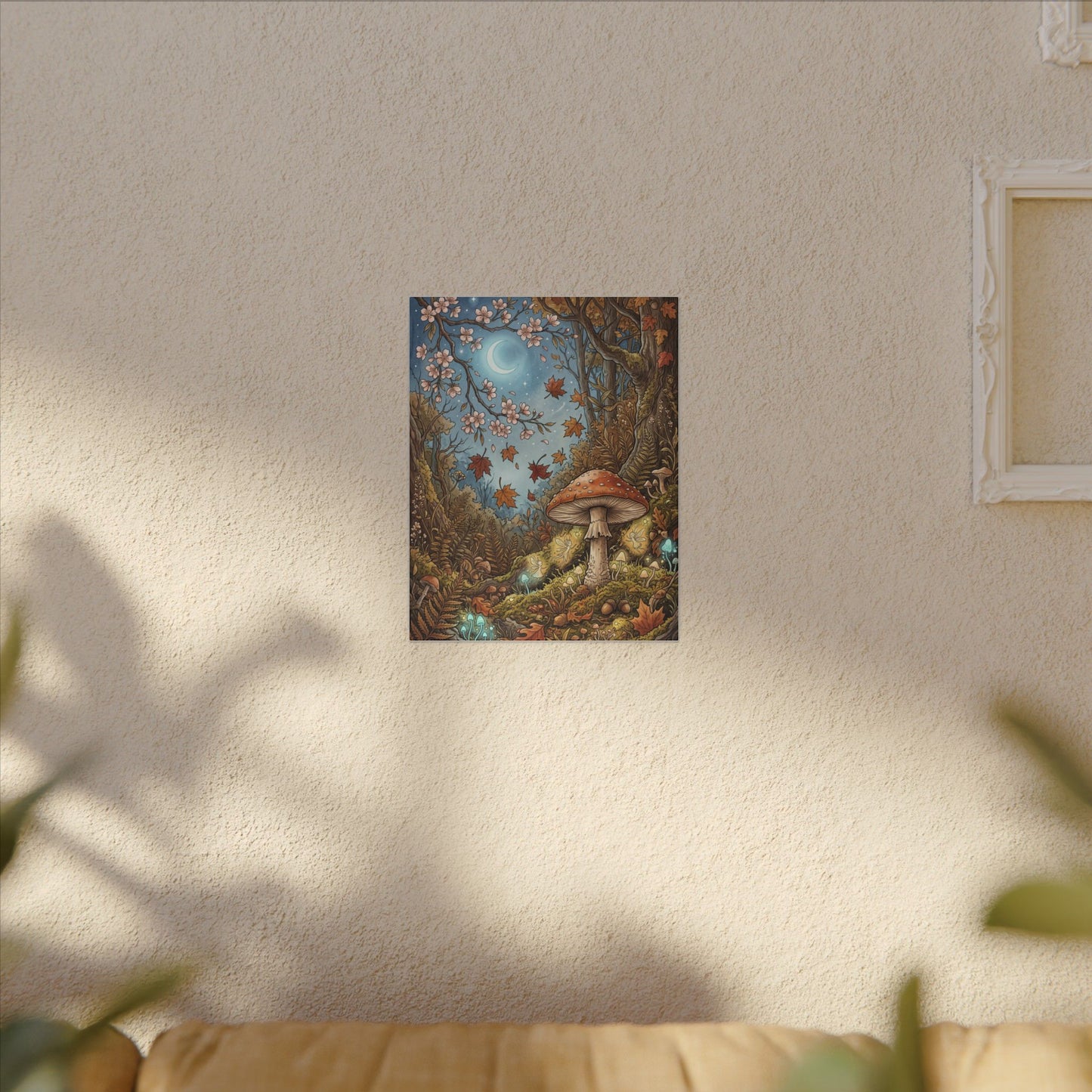 Autumn Cherry Blossom Mushroom Illustration Canvas Art | Enchanting Decor