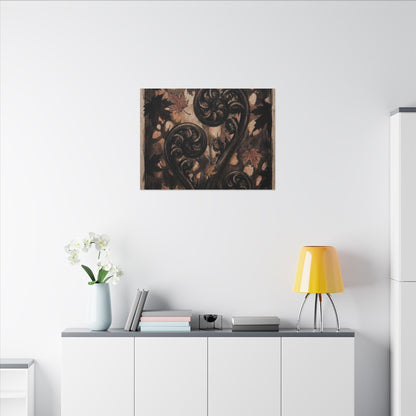 Mono No Aware Fern Unfurling Canvas Art - Dark Japandi Charcoal Ink