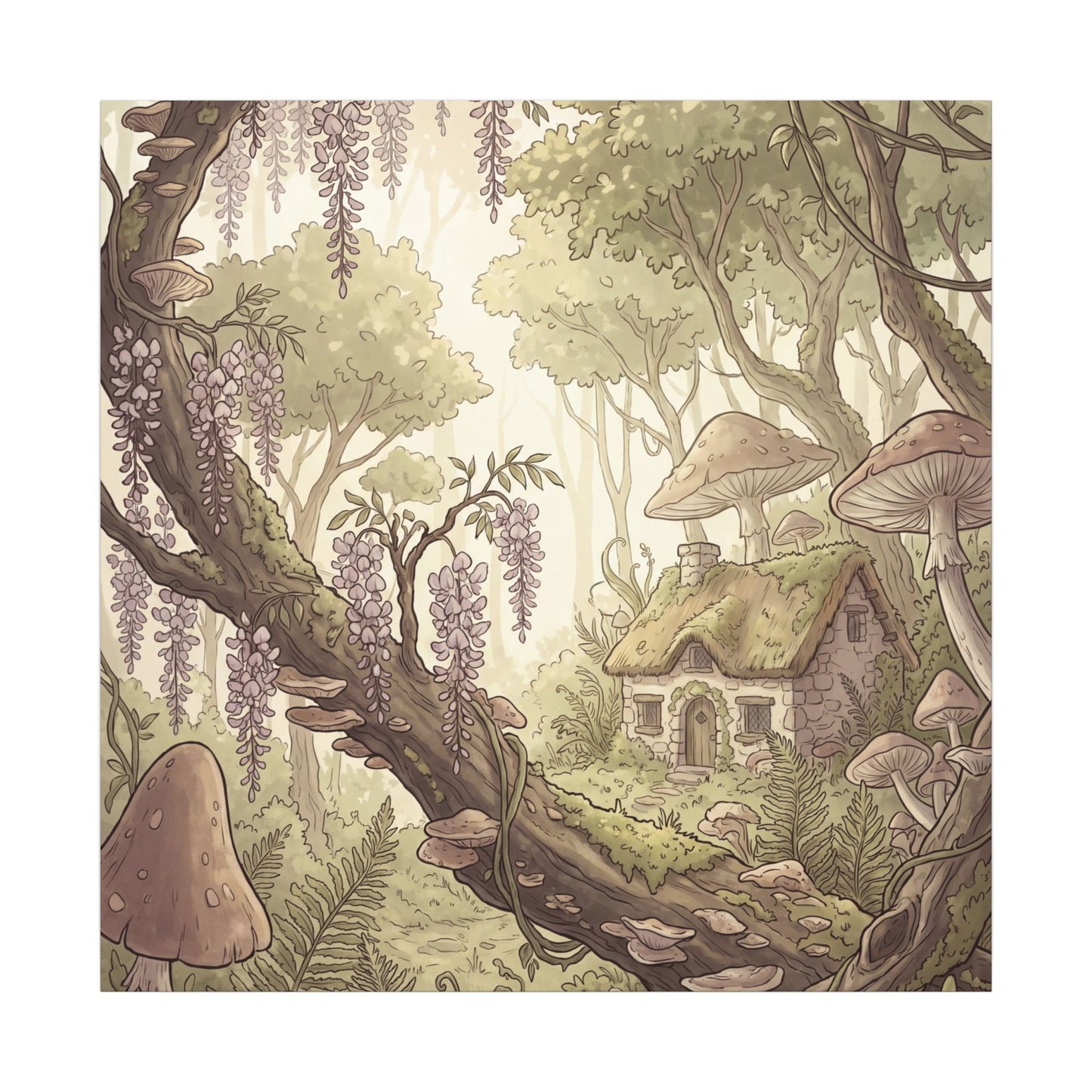 Summer Wisteria Mushroom Illustration Canvas Art | Enchanting Decor