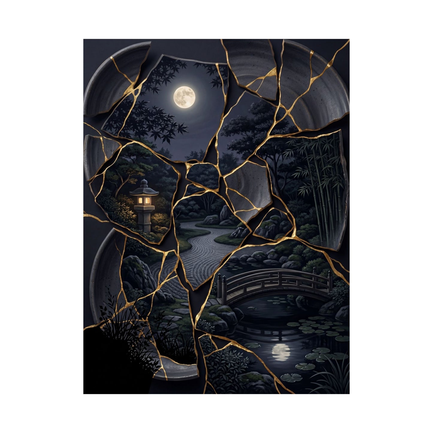 Summer Moonlit Garden Gold Repair Wall Art Print | Philosophical Decor