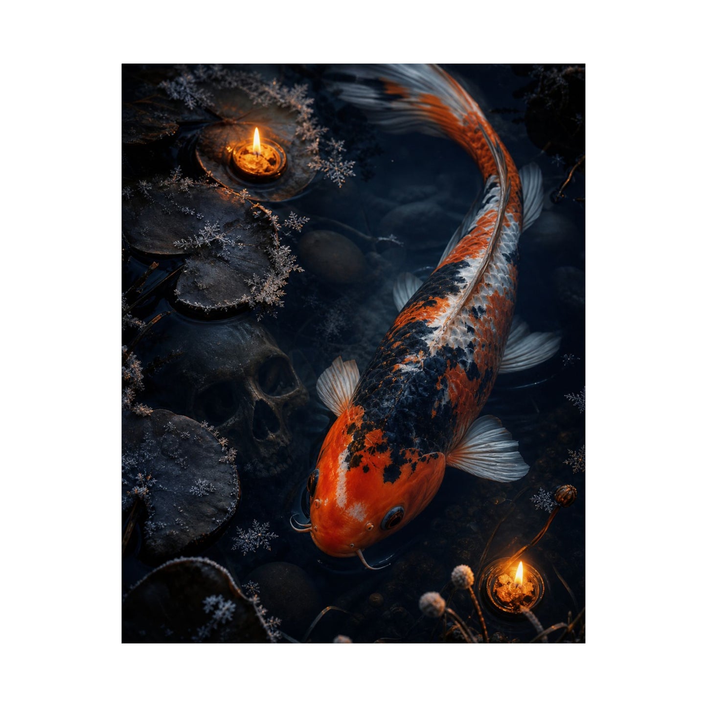 Candlelight Koi Pond Wall Art Print - Dark Japandi Datsuzoku
