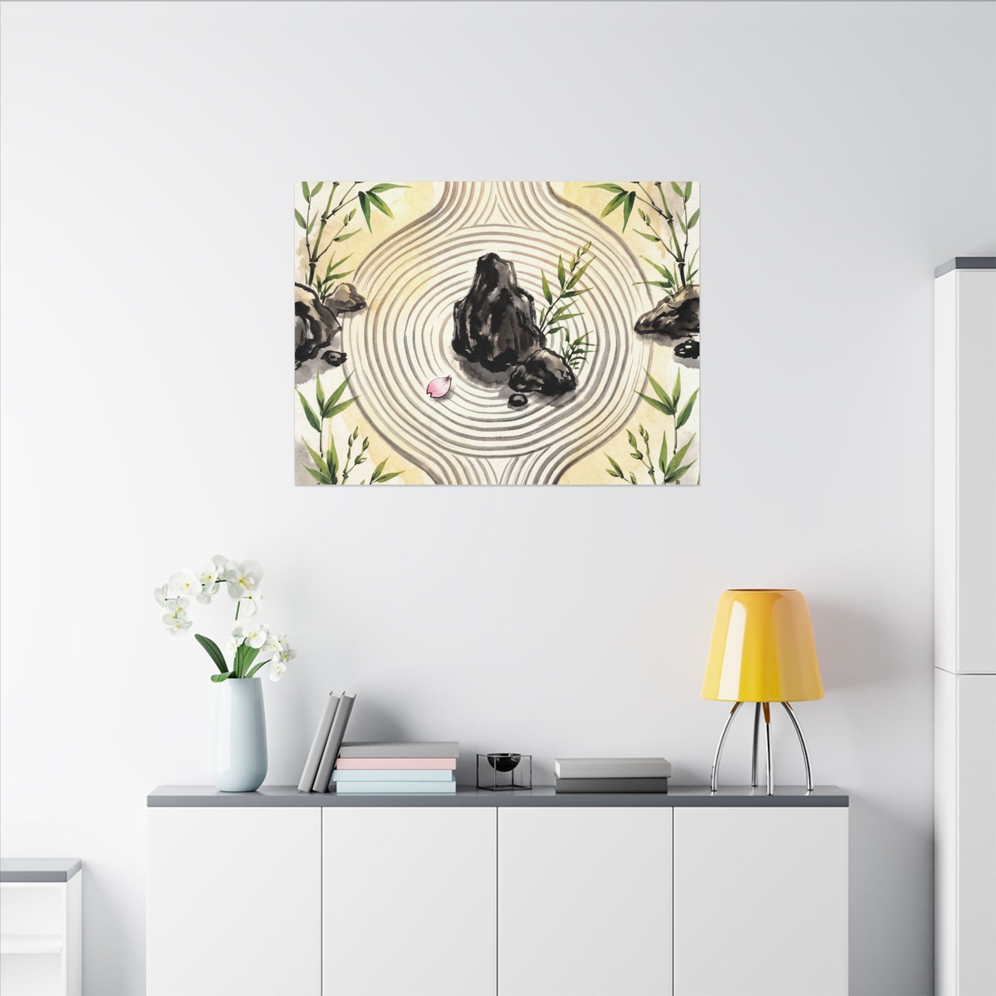 Zen Rock Garden in Golden Hour | Sumi E Canvas Art