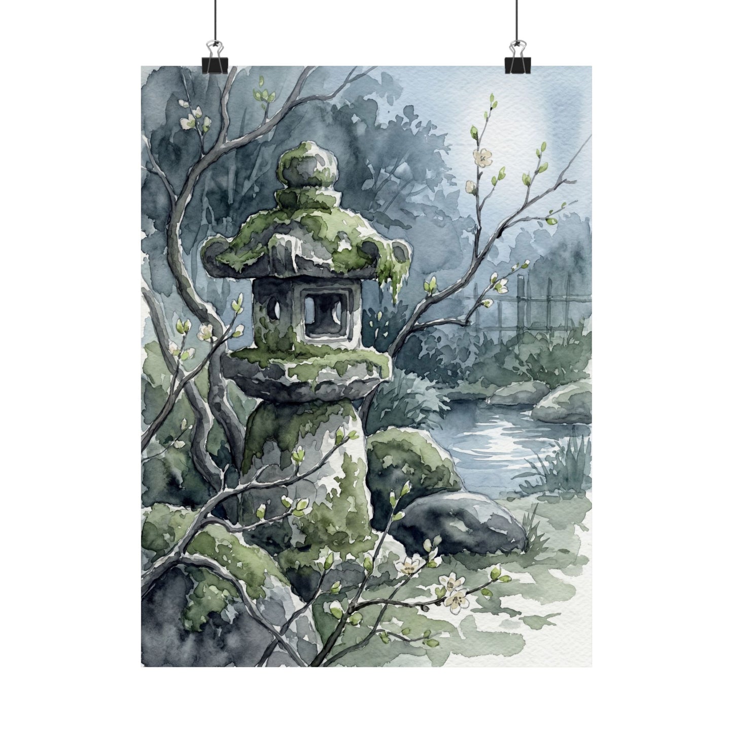 Japandi Stone Lantern in Moonlight | Watercolor Wall Art Print