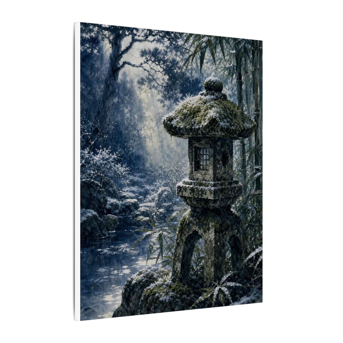 Zen Stone Lantern in Dappled | Sumi E Canvas Art