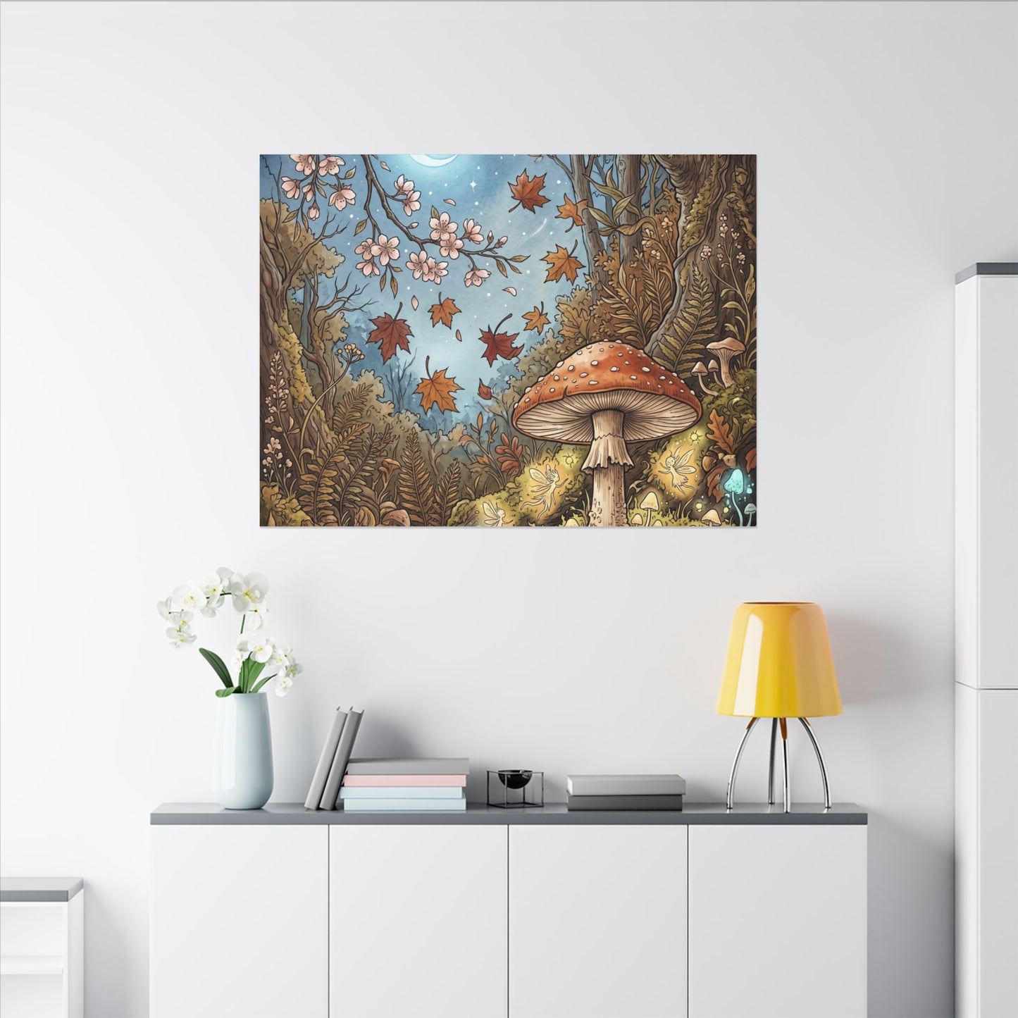 Autumn Cherry Blossom Mushroom Illustration Canvas Art | Enchanting Decor