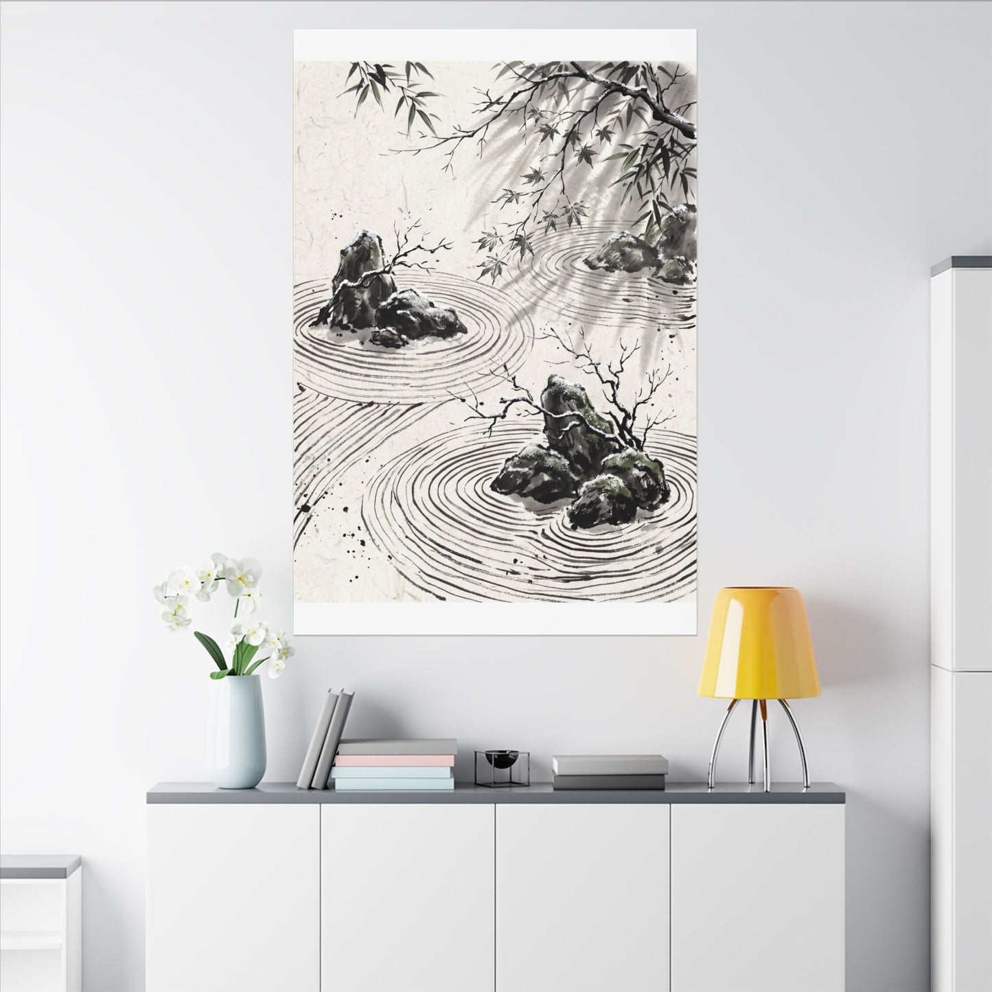 Rock Garden Canvas Art | Winter Zen Sumi E Art