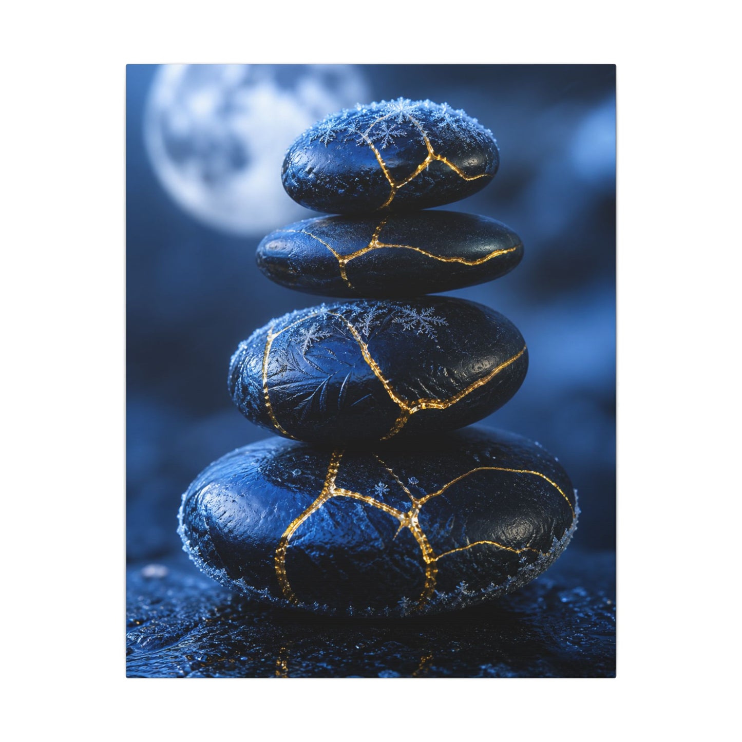River Stones Canvas Art | Winter Kintsugi Gold Repair Art