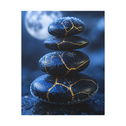 River Stones Canvas Art | Winter Kintsugi Gold Repair Art