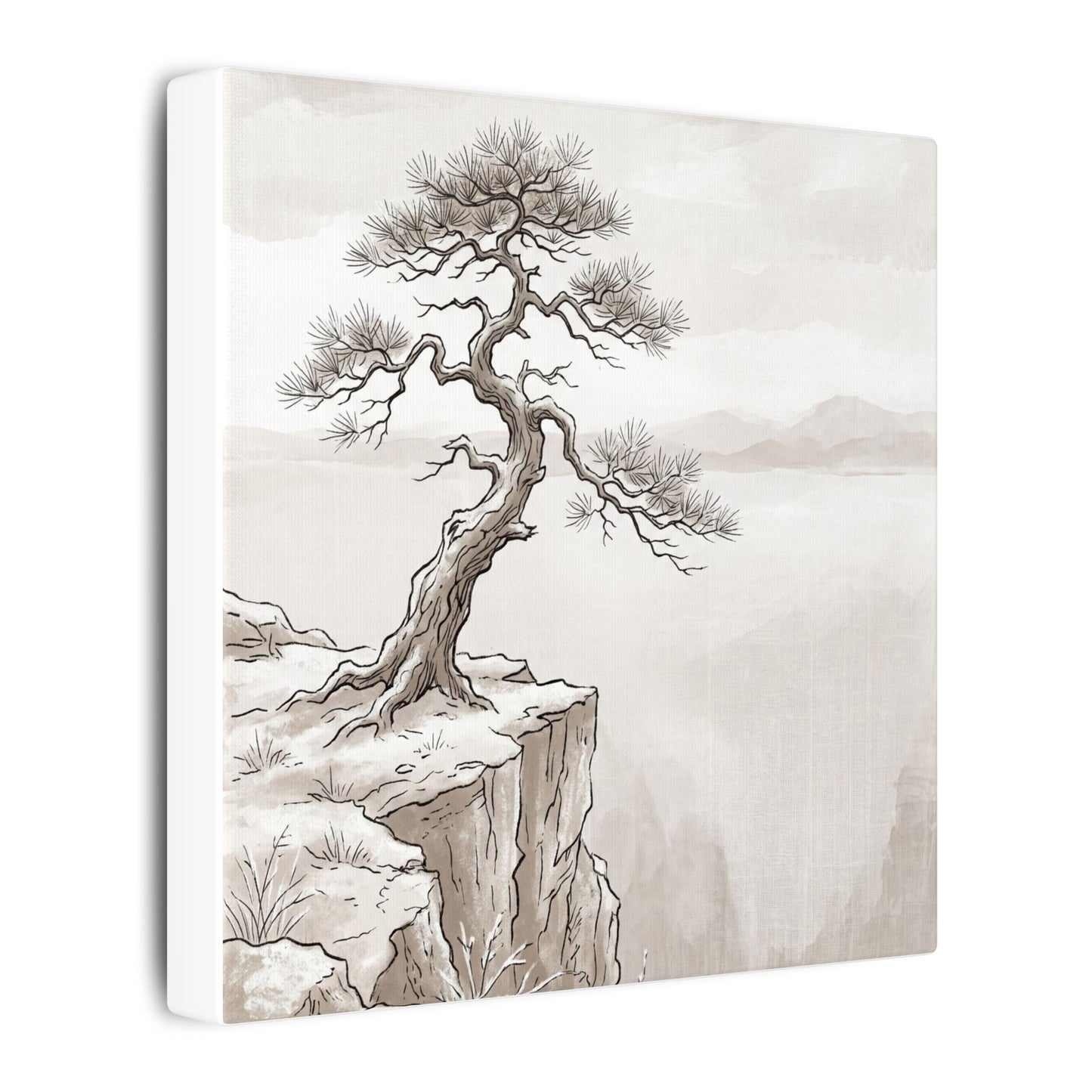 Neutral Pine Tree Canvas Art - Minimal Line Japandi