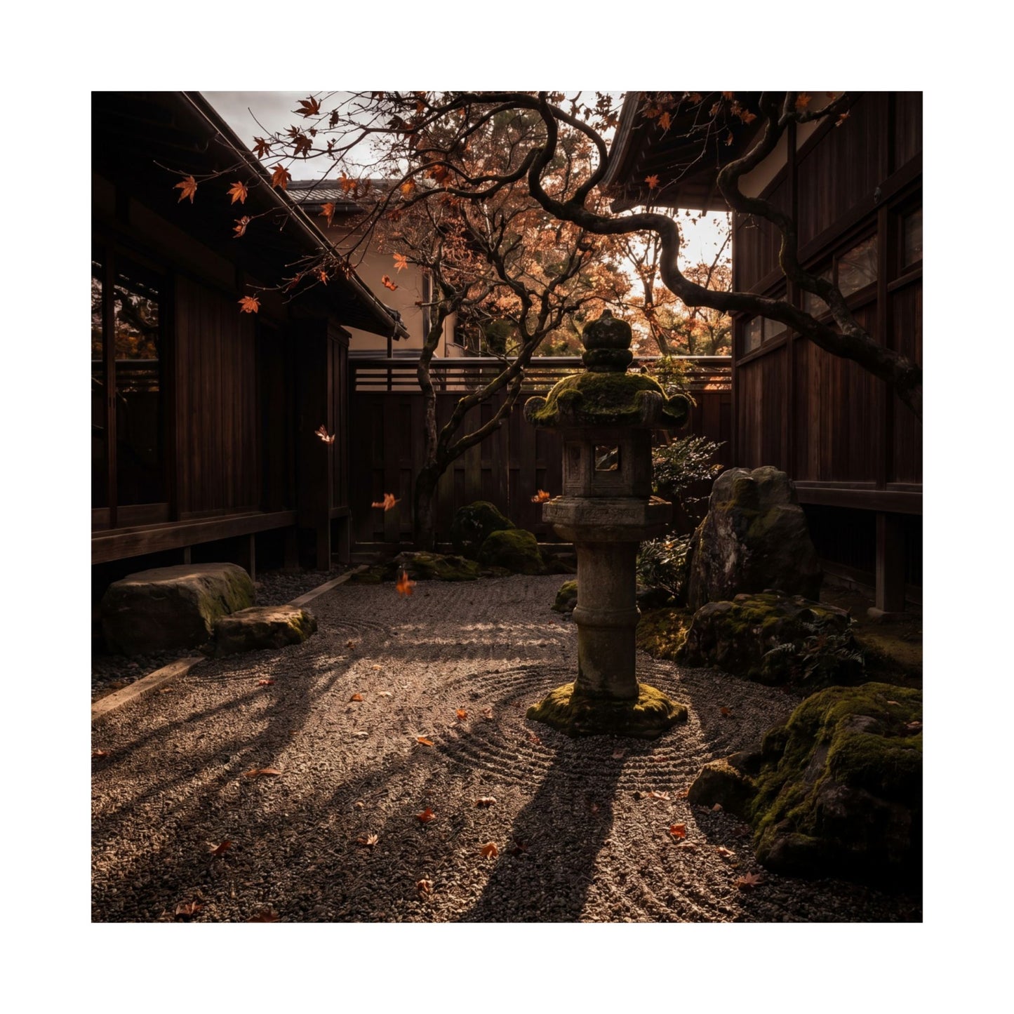 Autumn Stone Lantern Shadow Zen Wall Art Print | Moody Decor