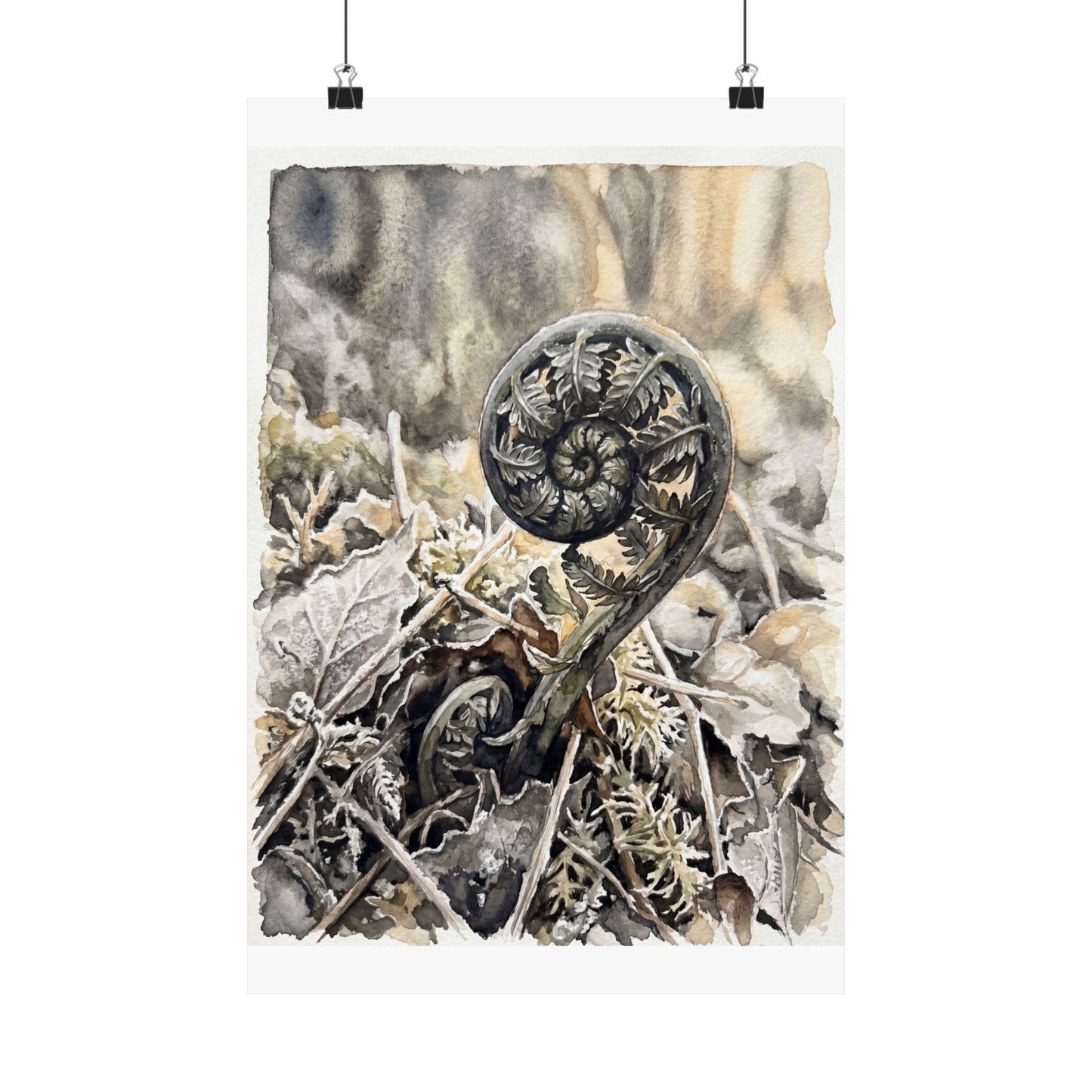 Japandi Fern Unfurling in Golden Hour | Watercolor Wall Art Print