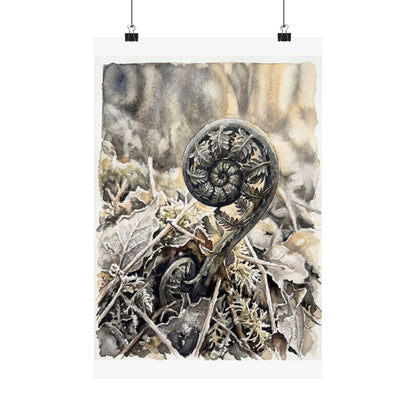 Japandi Fern Unfurling in Golden Hour | Watercolor Wall Art Print