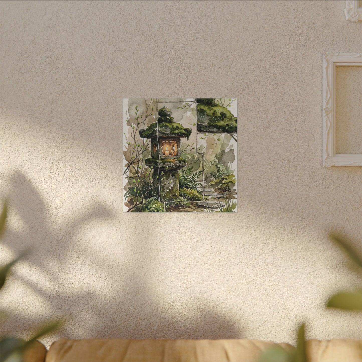 Stone Lantern Watercolor Canvas Art | Elegant Japandi Art