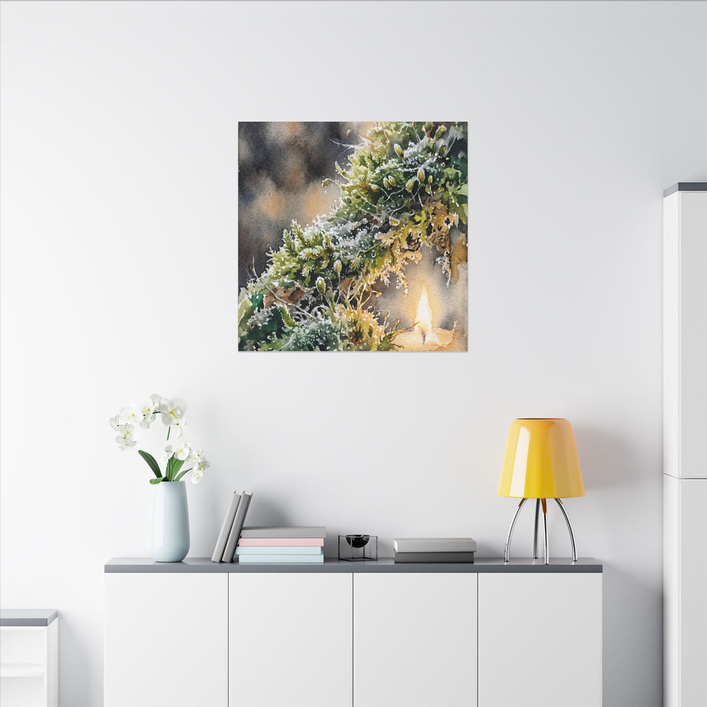 Winter Moss Close Up Watercolor Canvas Art | Neutral Decor