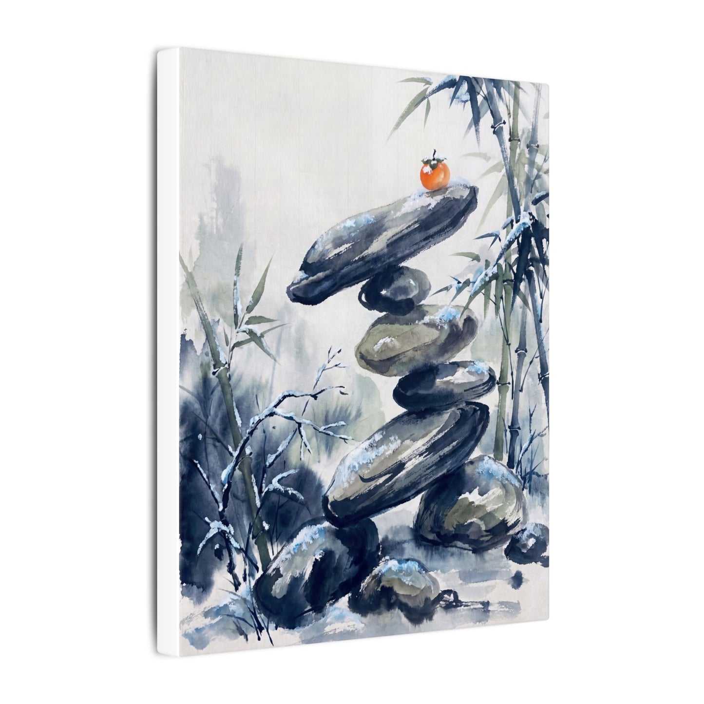 Zen River Stones in Moonlight | Sumi E Canvas Art