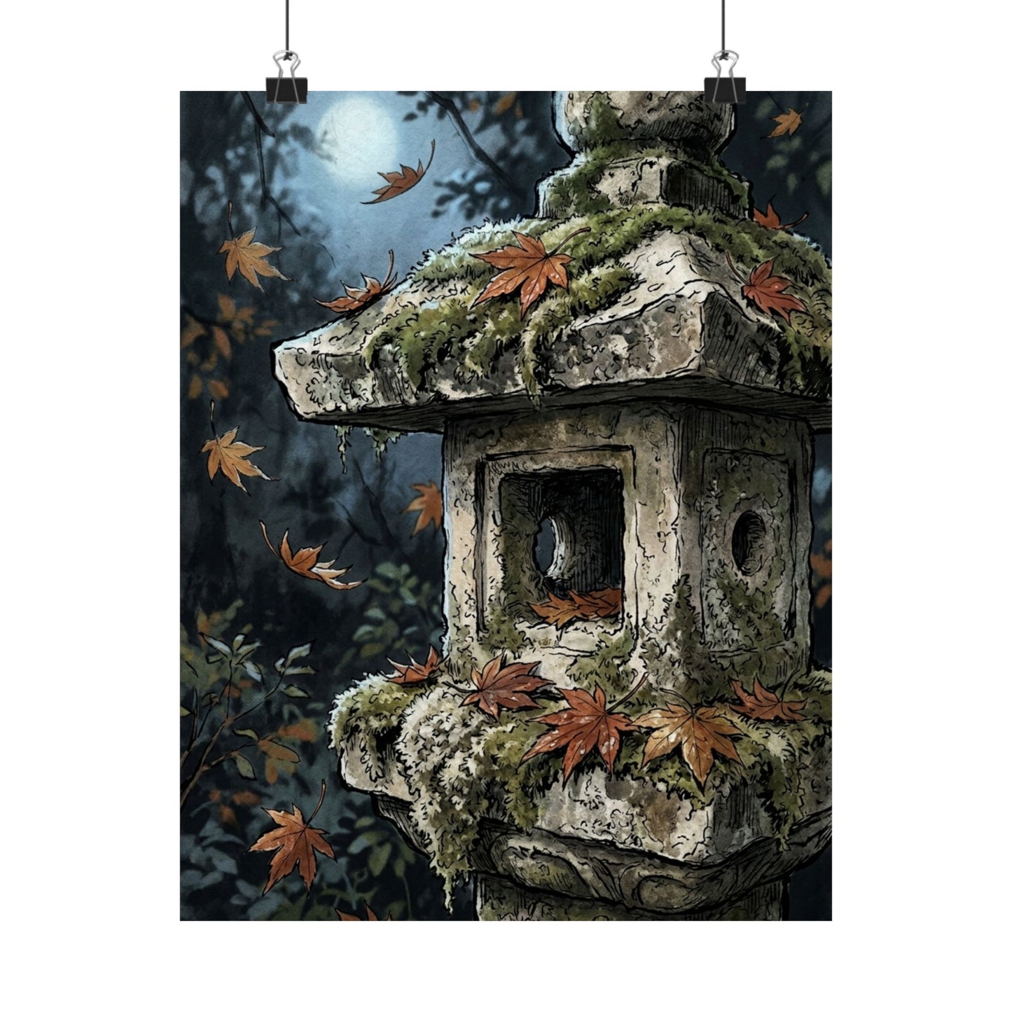 Autumn Stone Lantern Minimal Line Wall Art Print | Warm Decor