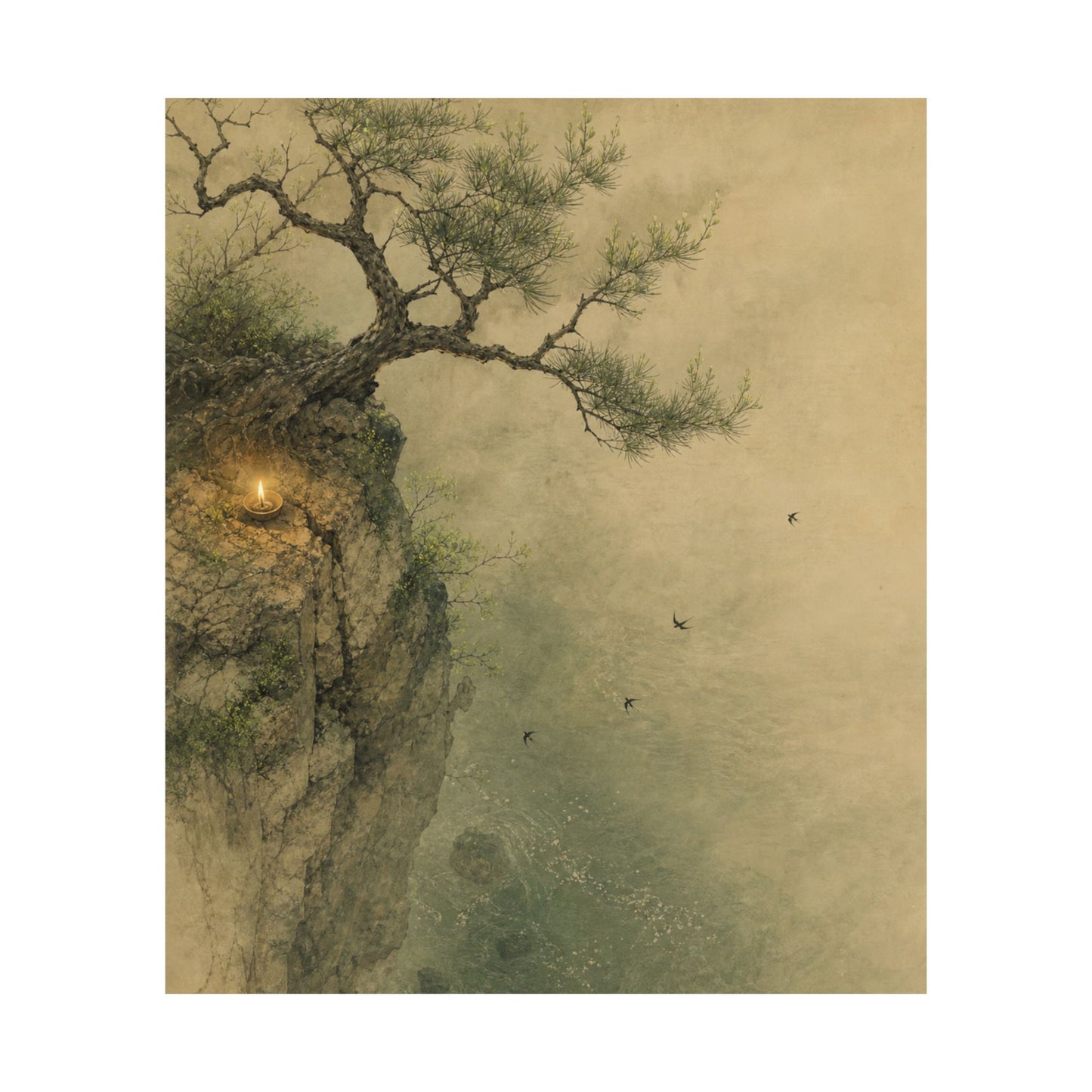 Japandi Pine Tree in Candlelight | Minimal Line Wall Art Print